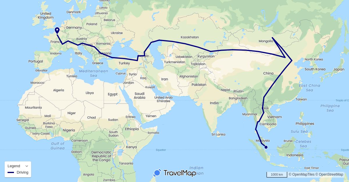 TravelMap itinerary: driving in Bulgaria, Switzerland, China, France, Georgia, Croatia, Italy, Kazakhstan, Laos, Mongolia, Malaysia, Serbia, Russia, Singapore, Slovenia, Thailand, Turkey (Asia, Europe)